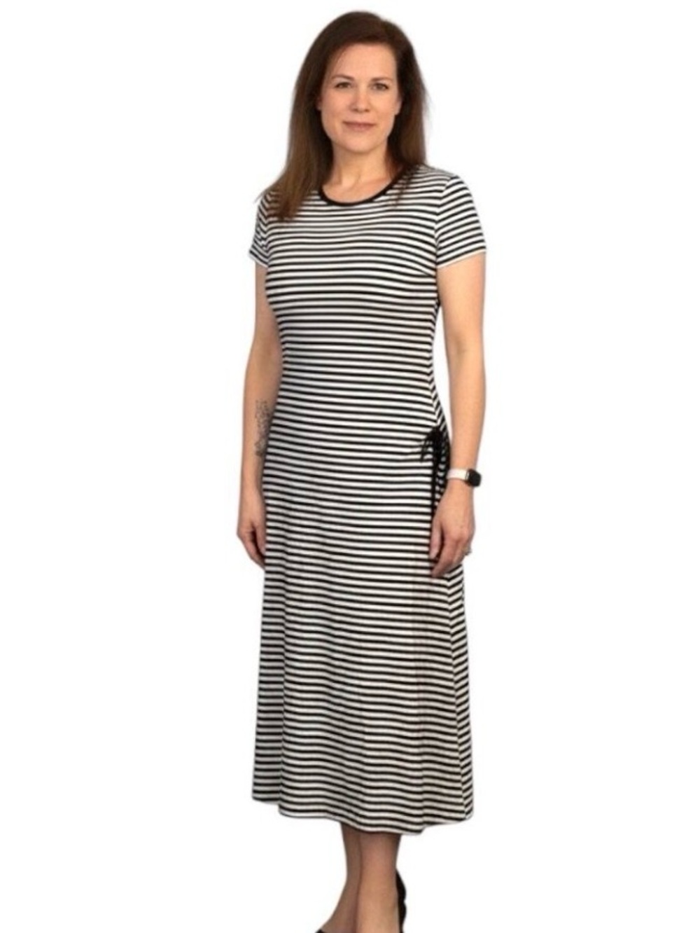 Theory Striped Short Sleeve SDress - Sz Medium - Casual Midi Minimalist
